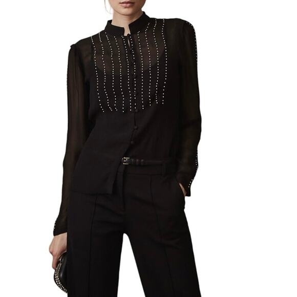 REISS Suzanne Pearl Black Sheer Blouse Mandarin Collar Women’s Size 8 - Picture 1 of 8